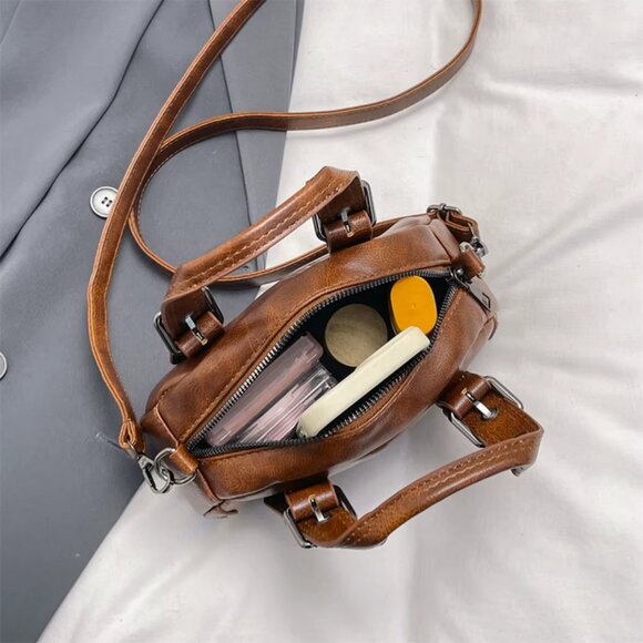 Retro PU Leather Rivet Crossbody Top Handle Mini Saddle Bag 3 Colors - Picture 11 of 16